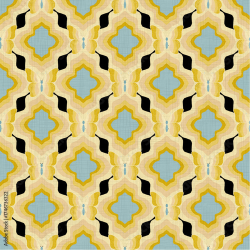 Smooth (seamless) geometric patterns with retro abstract motifs, featuring repeated quatrefoil shapes in pastel gradations such as yellow, cream and young blue