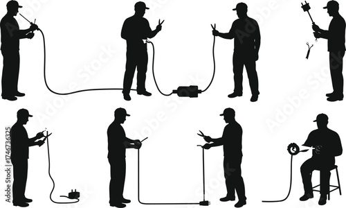 Electrician worker silhouettes with tools, wiring tasks, safety gear, electrical installation, repair, maintenance, vector illustration for industry, engineering, occupation, training