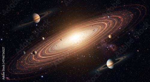 Vibrant illustration of a galaxy with planets and stars in deep space