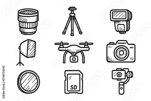 Photography Equipment Icons. Photography doodle icon set: hand drawn icons of lens, tripod, flash, softbox, drone, camera, filter,