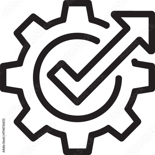 Gear with Check Mark and Upward Arrow Icon Keywords: gear, cogwheel, check, mark, tick, approved
