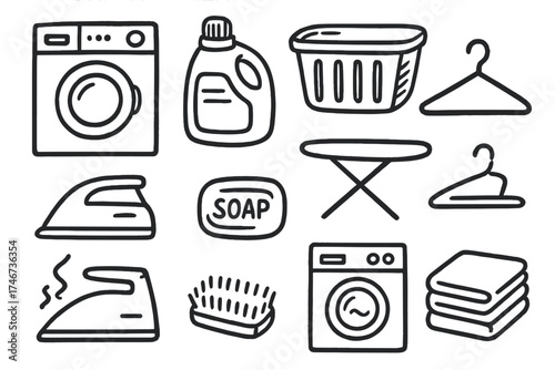 Laundry Icon Set. Laundry doodle icon set: hand drawn icons of washing machine, detergent, basket, iron, ironing board, hanger,