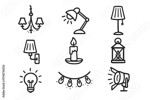 Hand-Drawn Lighting Icons. Lighting doodle icon set: hand drawn icons of chandelier, desk lamp, floor lamp, wall lamp, candle,