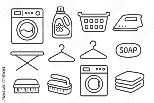 Laundry Icon Set. Laundry doodle icon set: hand drawn icons of washing machine, detergent, basket, iron, ironing board, hanger,