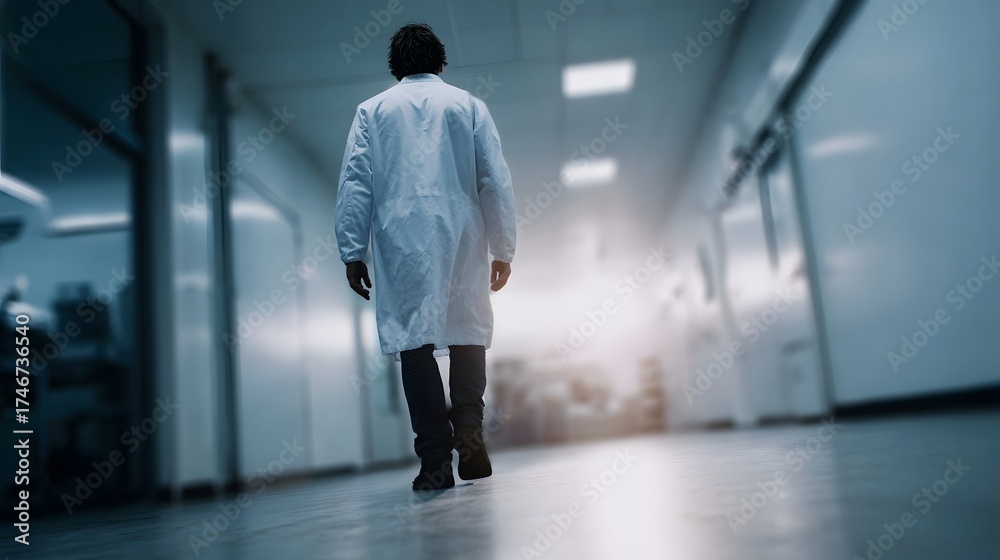 Fototapeta premium A scientist in a lab coat walks down a bright modern research hallway symbolizing dedication and progress