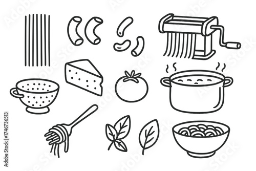 Pasta Cooking Doodles. Pasta cooking doodle icon set: hand drawn icons of spaghetti, macaroni, pasta roller, sauce pot, colander,