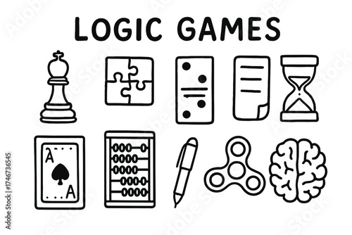 Logic Games Doodle Icons. Logic games doodle icon set: hand drawn icons of chess piece, puzzle, domino, abacus, hourglass,