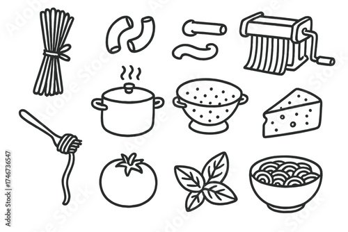 Pasta Cooking Doodles. Pasta cooking doodle icon set: hand drawn icons of spaghetti, macaroni, pasta roller, sauce pot, colander,