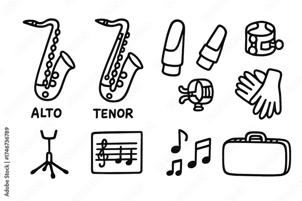 Saxophone Icon Set. Saxophone doodle icon set: hand drawn icons of alto sax, tenor sax, mouthpiece, reed, ligature, stand, sheet