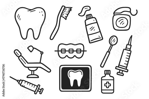 Dental Doodle Icons. Dental doodle icon set: hand drawn icons of tooth, toothbrush, toothpaste, floss, dental chair, braces,