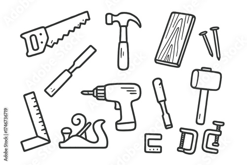 Carpentry Tool Icons. Carpentry doodle icon set: hand drawn icons of saw, hammer, wood plank, chisel, nails, mallet, ruler, drill,