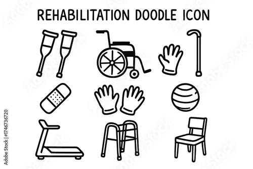 Rehabilitation Doodle Icons. Rehabilitation doodle icon set: hand drawn icons of crutches, wheelchair, cane, bandage, gloves,