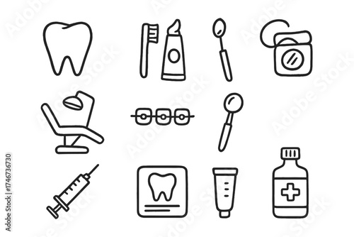 Dental Doodle Icons. Dental doodle icon set: hand drawn icons of tooth, toothbrush, toothpaste, floss, dental chair, braces,