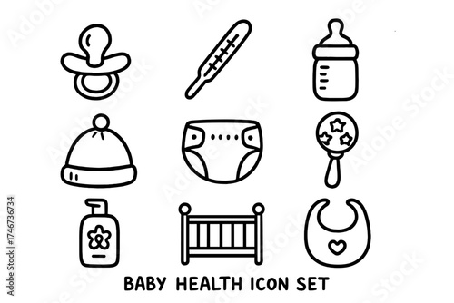 Baby Health Doodles. Baby health doodle icon set: hand drawn icons of pacifier, thermometer, bottle, baby hat, diaper, rattle,