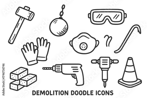 Demolition Tools Doodle. Demolition doodle icon set: hand drawn icons of sledgehammer, wrecking ball, safety goggles, gloves, dust