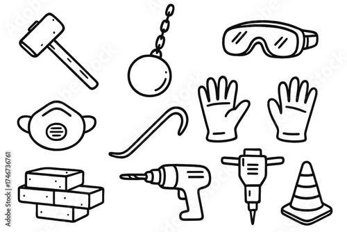 Demolition Tools Doodle. Demolition doodle icon set: hand drawn icons of sledgehammer, wrecking ball, safety goggles, gloves, dust