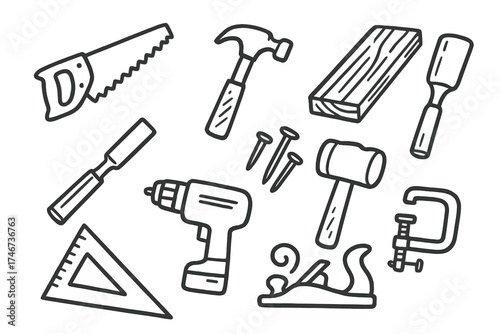 Carpentry Tool Icons. Carpentry doodle icon set: hand drawn icons of saw, hammer, wood plank, chisel, nails, mallet, ruler, drill,