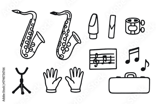 Saxophone Icon Set. Saxophone doodle icon set: hand drawn icons of alto sax, tenor sax, mouthpiece, reed, ligature, stand, sheet