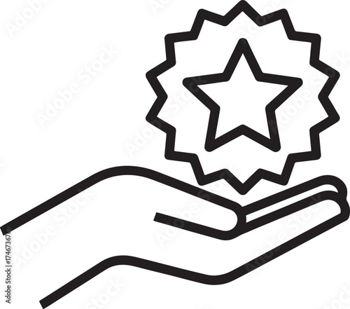 Hand holding a starburst award icon on white background badge
