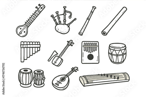 Traditional Instruments Icons. Traditional instruments doodle icon set: hand drawn icons of sitar, bagpipe, didgeridoo, pan flute,