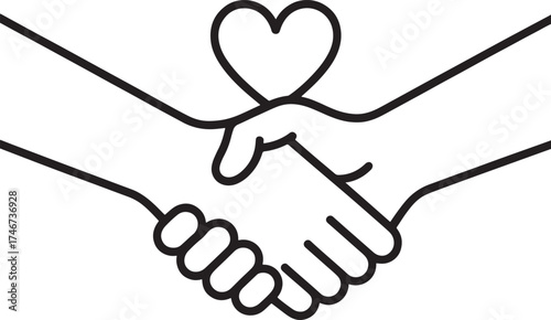 Handshake with Heart Symbol Icon on White Background Keywords: handshake, hands, agreement