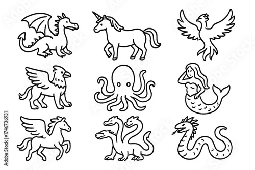 Mythical Creatures Doodle. Mythical animals doodle icon set: hand drawn icons of dragon, unicorn, phoenix, griffin, kraken,