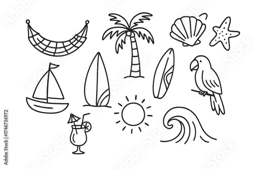 Island Holiday Icons. Island holiday doodle icon set: hand drawn icons of hammock, palm tree, shell, starfish, boat, surfboard,