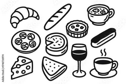 French Food Doodles. French food doodle icon set: hand drawn icons of croissant, baguette, onion soup, escargot, tart, eclair,