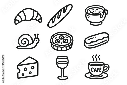 French Food Doodles. French food doodle icon set: hand drawn icons of croissant, baguette, onion soup, escargot, tart, eclair,
