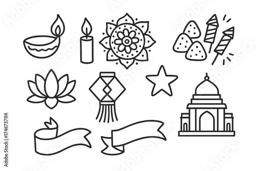 Diwali Celebration Icons. Diwali festival doodle icon set: hand drawn icons of diya lamp, candle, rangoli, sweets, firecrackers,