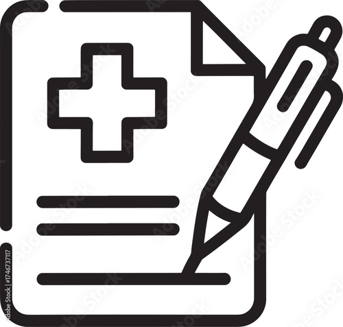 Medical Document with Cross and Pen Icon Keywords: medical, health, healthcare, document, paper