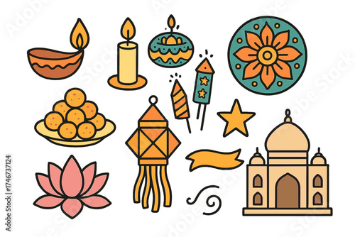 Diwali Celebration Icons. Diwali festival doodle icon set: hand drawn icons of diya lamp, candle, rangoli, sweets, firecrackers,