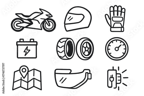 Futuristic Motorcycle Icon Set. Futuristic motorcycle doodle icon set: hand drawn icons of bike, helmet, gloves, battery, wheels,