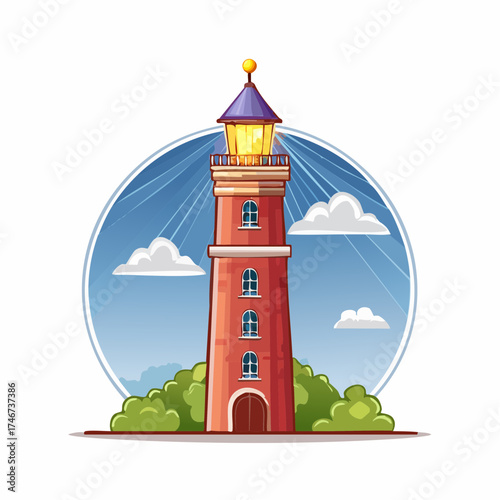 A cartoon lighthouse stands tall against a blue sky with fluffy clouds, surrounded by green bushes.