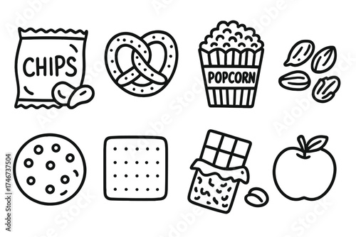 Snack Doodle Icons. Snacks doodle icon set: hand drawn icons of chips, pretzel, popcorn, nuts, cookie, cracker, granola bar,