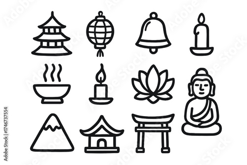 Temple Icon Doodle Set. Temple doodle icon set: hand drawn icons of pagoda, lantern, bell, incense, candle, lotus, mountain,