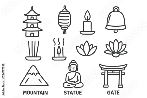 Temple Icon Doodle Set. Temple doodle icon set: hand drawn icons of pagoda, lantern, bell, incense, candle, lotus, mountain,