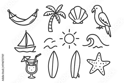 Island Travel Icons. Island travel doodle icon set: hand drawn icons of hammock, palm tree, shell, parrot, boat, sun, wave,