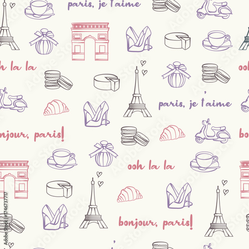 Paris travel seamless pattern. Vector doodle illustration. Parisian lifestyle background for textiles, wrapping paper, and stationery.