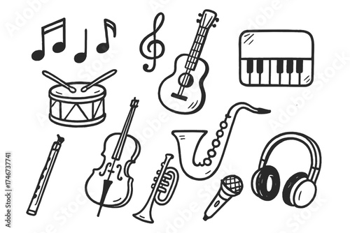 Music Doodle Icons. Music class doodle icon set: hand drawn icons of notes, guitar, drum, piano, violin, trumpet, saxophone, flute