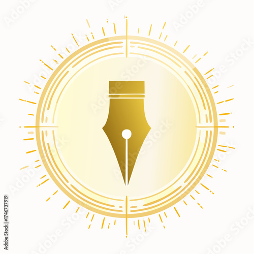 Golden fountain pen nib icon inside a circular frame with radiating light beams on a light background.