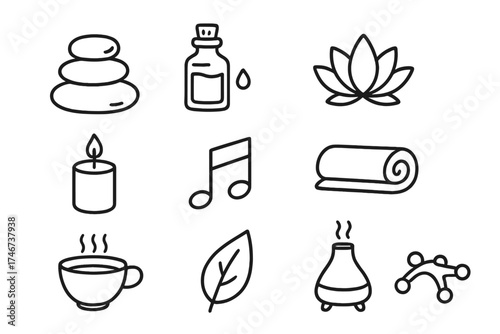 Wellness Doodle Icons. Wellness doodle icon set: hand drawn icons of spa stones, essential oil, lotus, candle, music note, towel,