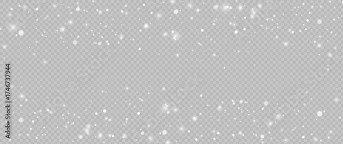 Snow on transparent background. Winter snowfall effect of falling white snow flakes and shining, New Year snowstorm or blizzard realistic backdrop. Christmas or Xmas holidays