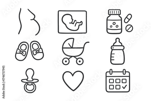 Pregnancy Doodle Icons. Pregnancy doodle icon set: hand drawn icons of belly, ultrasound, vitamins, baby shoes, stroller, bottle,