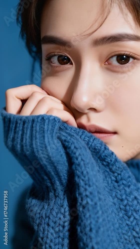 ultra-realistic close-up portrait of a person partially covering their face with the sleeve of a textured blue knit sweater