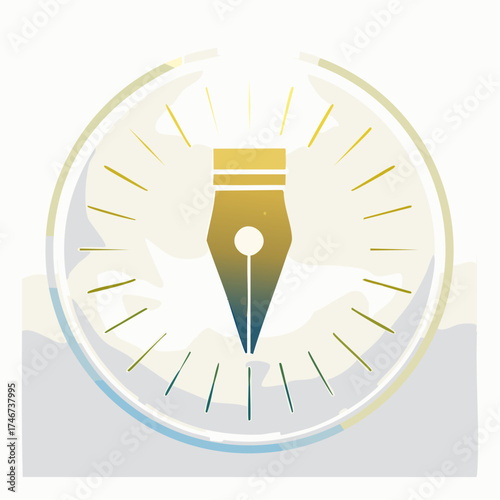 Stylized fountain pen nib icon with radiating lines in a circular frame.