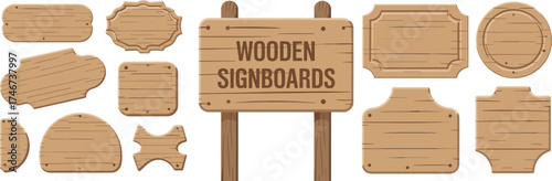 Collection of wooden signboard elements with various shapes, blank rustic boards, wood texture design for logo, shop, or decoration use