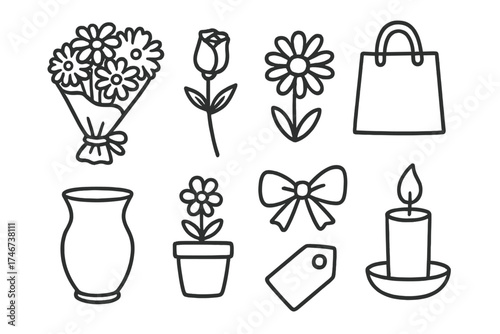 Flower Shop Icons. Flower shop doodle icon set: hand drawn icons of bouquet, rose, tulip, daisy, vase, pot, ribbon, tag, bag, and