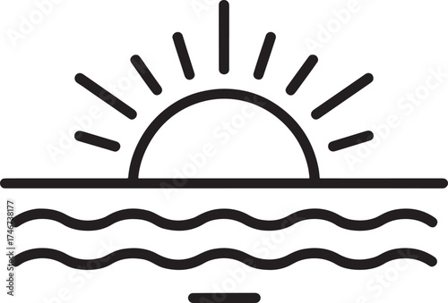 Sunrise over wavy ocean with sun rays on a white background Keywords: sunrise, sunset, sun, ocean