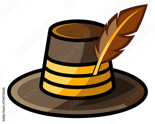 Pilgrim hat with feather, isolated on white background, vector illustration